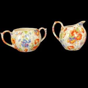 Vintage Chintz Collectible Sugar Bowl & Creamer Erphila Czechoslovakia Antiques
